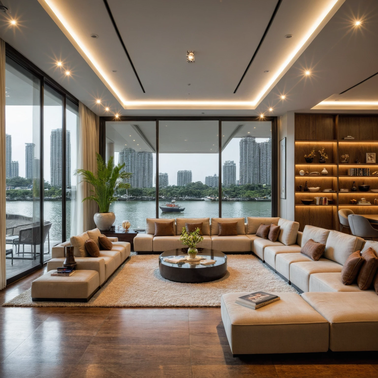 Raw photo,Masterpiece, high quality, best quality, authentic, super detail, interior, indoors, ((living room style modern luxury)), sunset, day light, sofa, table tea, carpet, cabinets, wood floor , chandeliers, windows view halong bay , curtains, downlight, (flower vase), decorative cabinets, wine bottles, ornaments, books,