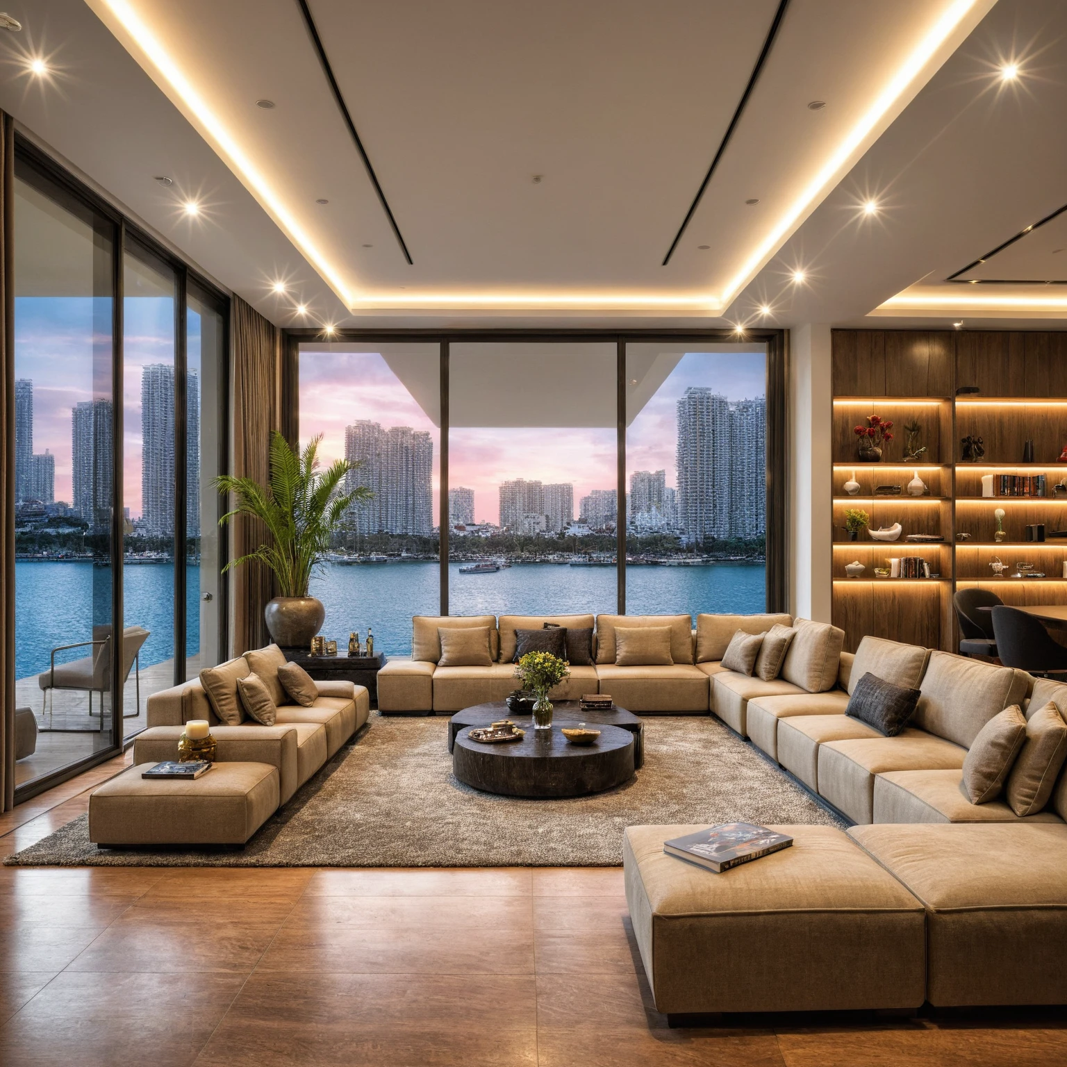 Raw photo,Masterpiece, high quality, best quality, authentic, super detail, interior, indoors, ((living room style modern luxury)), sunset, day light, sofa, table tea, carpet, cabinets, wood floor , chandeliers, windows view halong bay , curtains, downlight, (flower vase), decorative cabinets, wine bottles, ornaments, books,