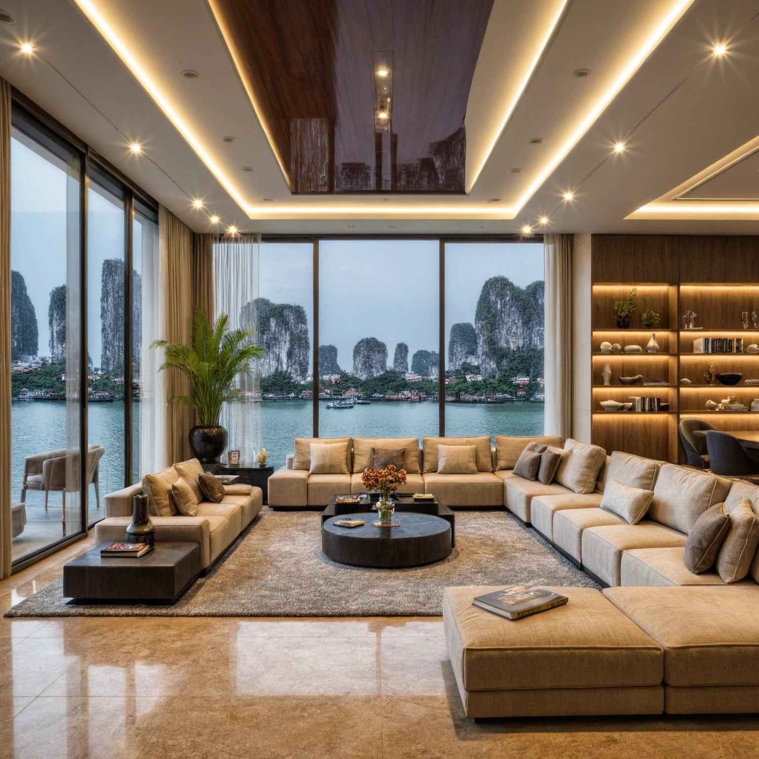 Raw photo,Masterpiece, high quality, best quality, authentic, super detail, interior, indoors, ((living room style modern luxury)), sunset, day light, sofa, table tea, carpet, cabinets, wood floor , chandeliers, windows view halong bay , curtains, downlight, (flower vase), decorative cabinets, wine bottles, ornaments, books,