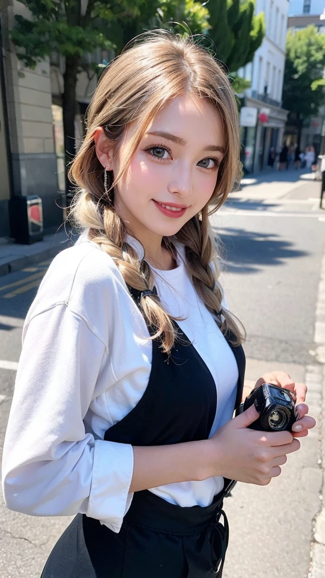 blonde de 25 ans, très classe, en tenue plage, chandail gris long, yeux verts bleus, marche dans la rue , Flirte avec la camera, cheveux blonds, cheveux blancs, French braid, Se maquiller, sourire, 85 millimètres, chanoine, F/1.2, UHD, anatomiquement correct, chef-d'œuvre, Peau texturée, super détail, détails élevés, haute qualité, primé, meilleure qualité, haute résolution, 8k, Arrière-plan flou, Light at the beginning oF the day, (Marilyn Monroe:0.8)