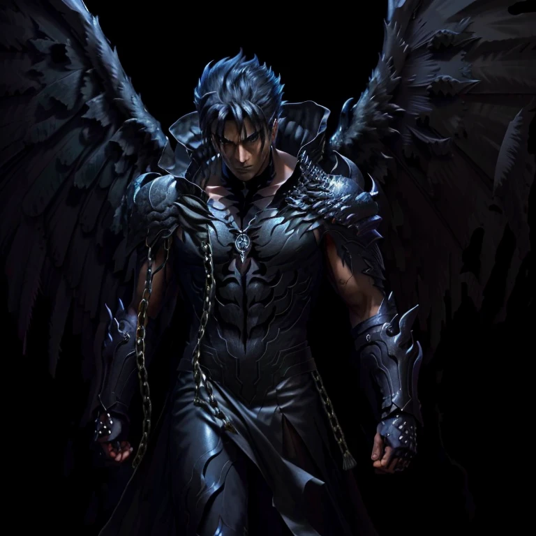 a drawing of a man with wings and chains on his back, dark angel, full body savage devilman, devilman, reaper of night!!!!, the angel of death, inspired by Sugimura Jihei, angel of death, demon male, black wings instead of arms, shinigami, nephilim, dark pit, human male demon