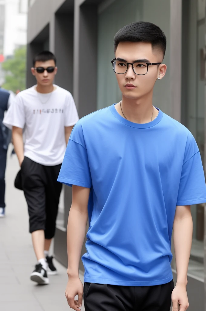 21 year old Beijing boy, he is wearing a oversize xxl blue plain t-shirt, he is wearing black trousers, he is wearing sneakers, he is wearing glasses, city, full body,  he is buzz cut Hair, foot, walking 