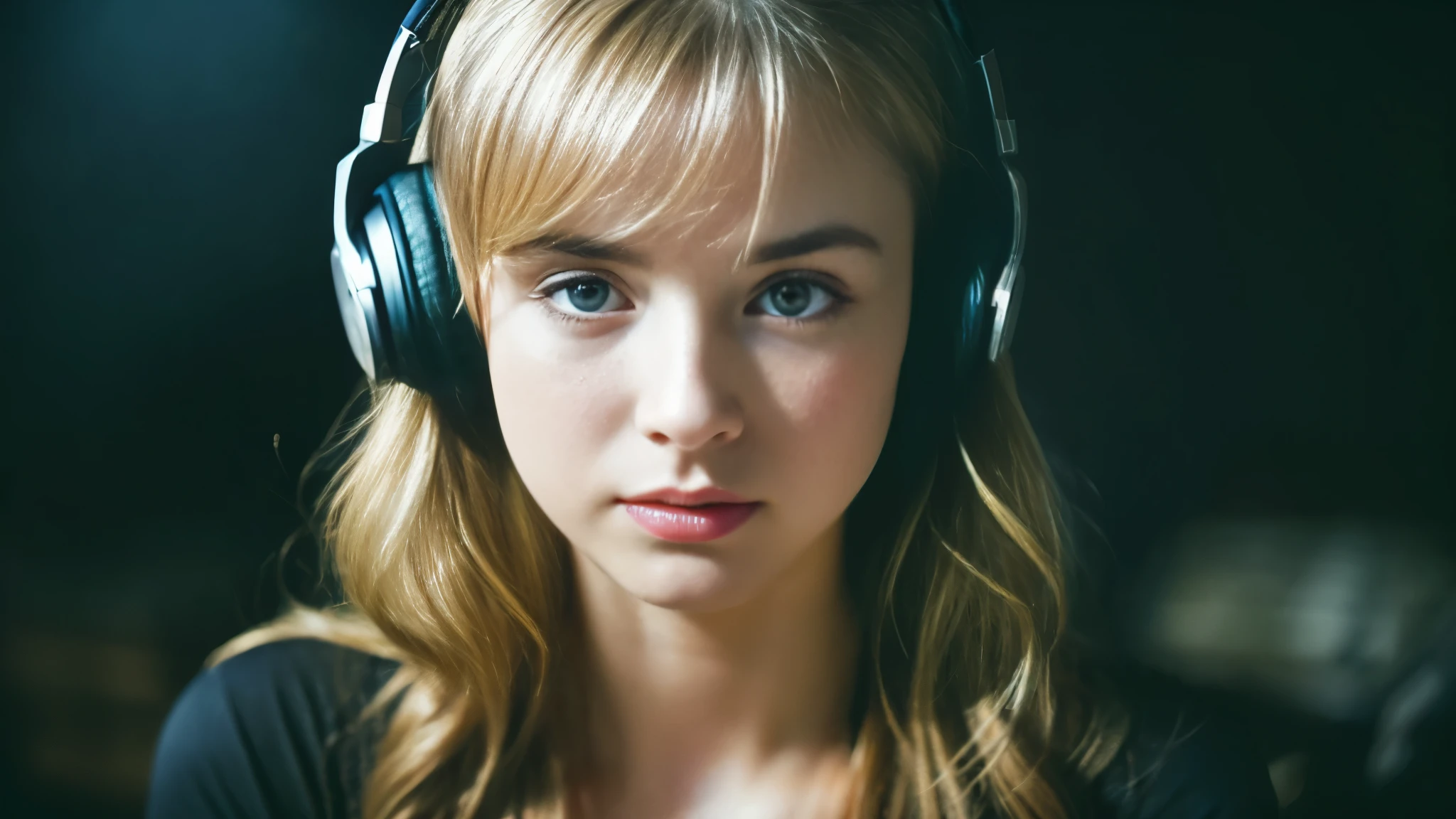 Beautiful blonde with big breasts in a black T-shirt (Sitting in tears in the dark ruins),Wearing headphones,Very detailed, 21 years old, Innocent face, Naturally Wavy Hair, blue eyes, High resolution, masterpiece, Highest quality, Intricate details, Very detailed, Clear focus, Delicate skin, practical skin texture, texture, Delicate eyes, Professional, 4K, Sad crying face, Shot with Canon, 85mm, Shallow and deep, Kodak Vision Color, Exactly, Very detailed, photograph_\(Extremist\), photographpractical, practical, Post-processing, Maximum details, Roughness, Real Life, Extremist practical, Photorealism, photographgraphy, 8K Ultra HD, photographgraphy