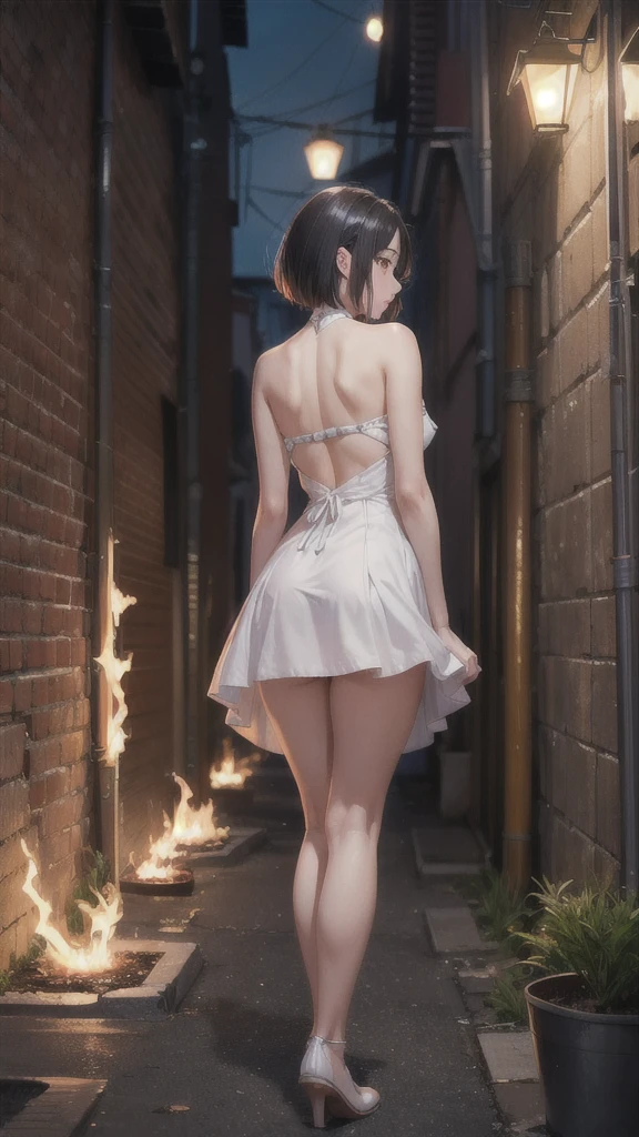 Highest quality , High resolution , Detailed CG , high school girl , short hair , White dress , Modest chest , Black Hair , Two limbs , Optimal ratio , Embarrassed expression , Burning cheeks , In town , Narrow alley at night , Very dark back alley , Nipples are visible , touching one's own breasts with one's own hands , facial expression during orgasm , Hiding in the shadows ,