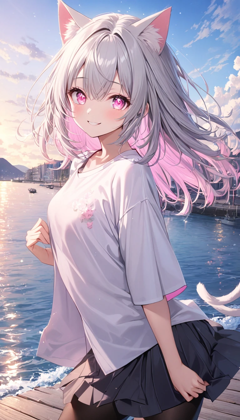 Highly detailed face,fine grain,Waterfront,Sparkling eyes,Highlighted eyes,Medium chest,pretty girl,smile,Cat ear,Beautiful silver hair,Pink inside,Beautiful pink eyes,Oversized shirt、skirt、black tights