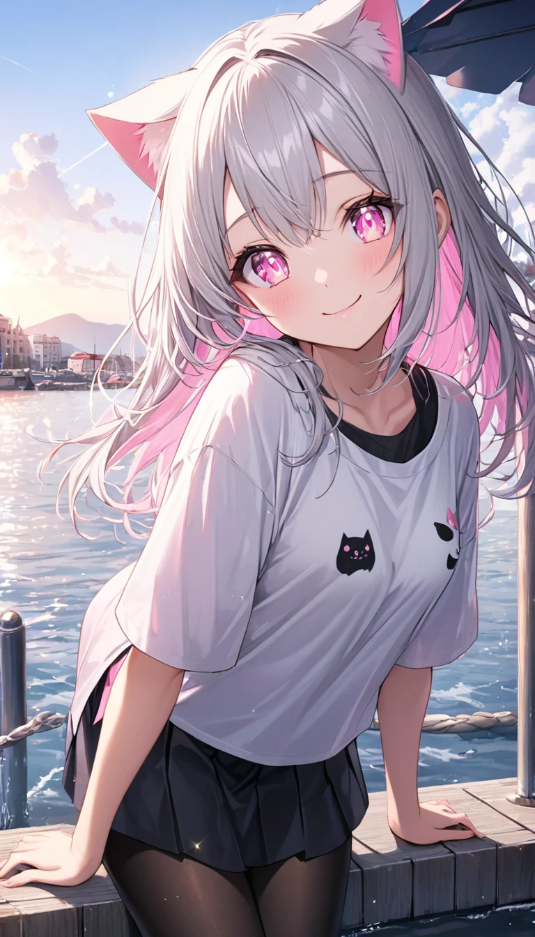 Highly detailed face,fine grain,Waterfront,Sparkling eyes,Highlighted eyes,Medium chest,pretty girl,smile,Cat ear,Beautiful silver hair,Pink inside,Beautiful pink eyes,Oversized shirt、skirt、black tights
