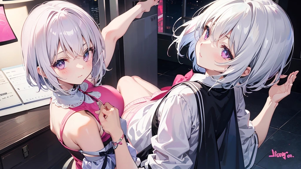nsfw、White Hair Girl、Pink Eyes、Short Hair、Only one girl、Night、In the bedroom、Blushing、laughing、Excited、Just One、Sitting on the bed、Sweating、With tears in their eyes、On all fours