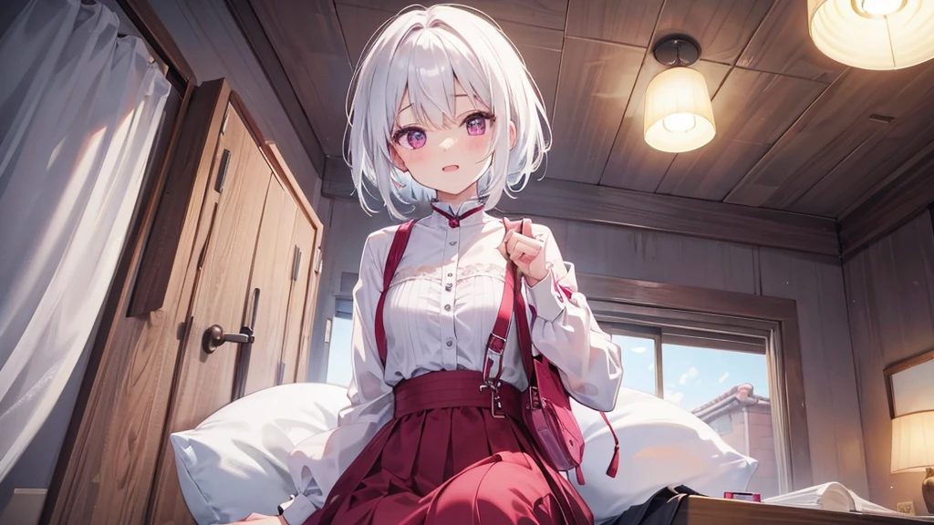 White Hair Girl、Pink Eyes、Short Hair、Only one girl、Night、In the bedroom、Blushing、laughing、Excited、Just One