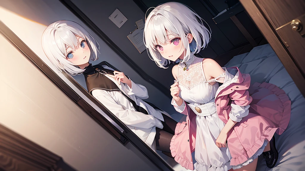 White Hair Girl、Pink Eyes、Short Hair、Only one girl、Night、In the bedroom、Blushing、laughing、Excited、Just One