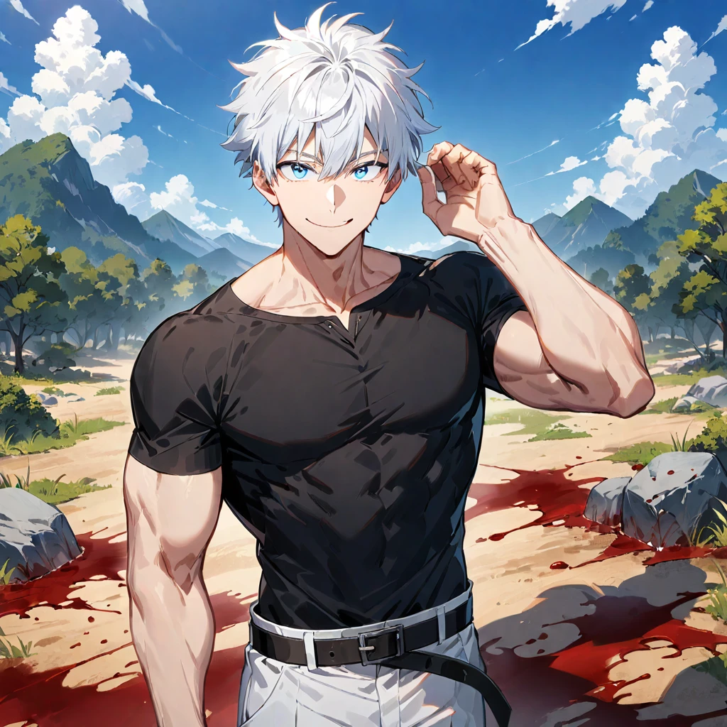 1boy, male focus, solo, white hair, blue eyes, smile, shirt, short hair, gojou satoru, looking at viewer, black shirt, muscular, pants, short sleeves, belt, hand up, outdoors, blood, cowboy shot, ((medium quality)), ((medium quality))