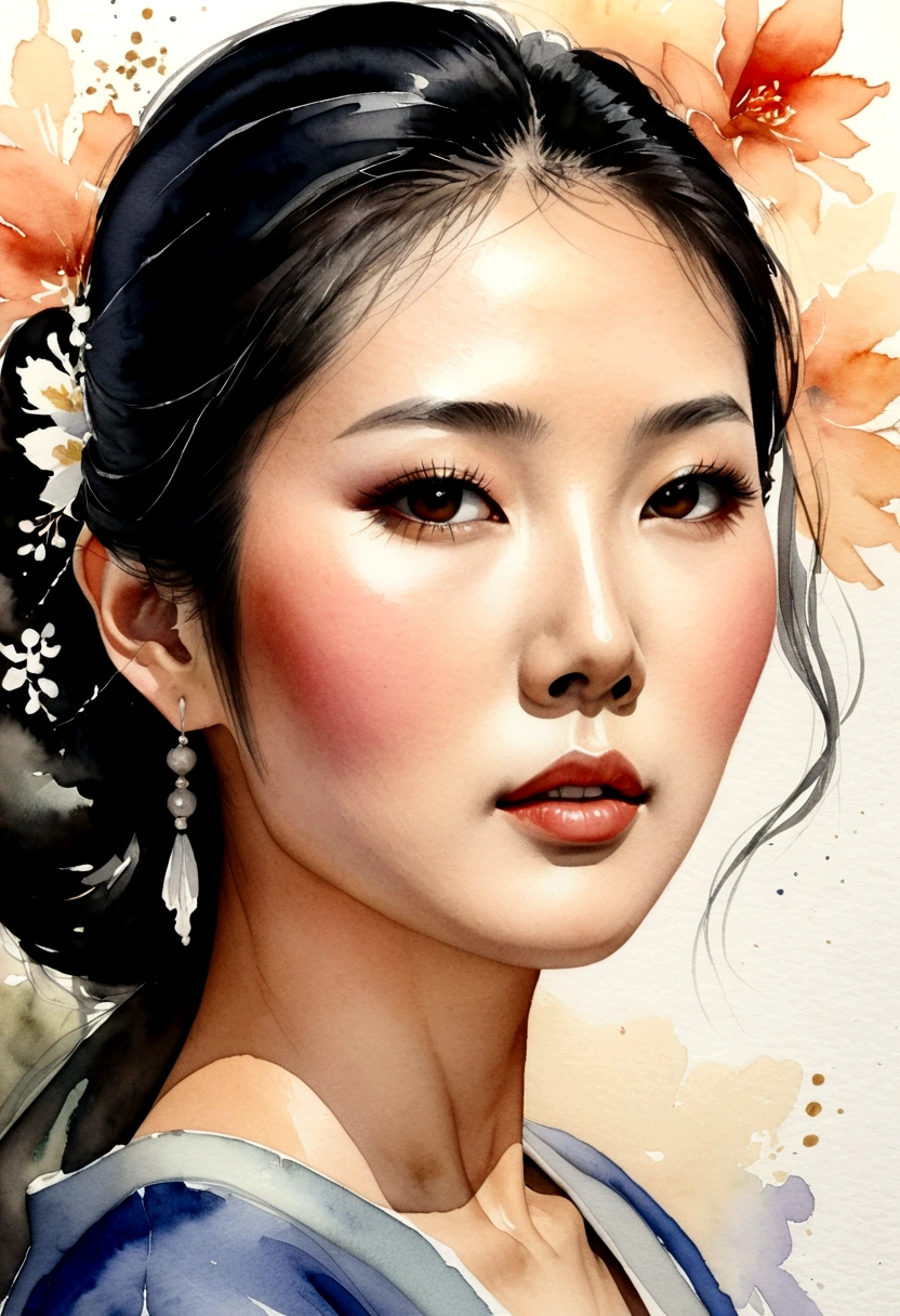 watercolor painting,asian woman'face,side view(มีเพียงfaceที่อ้าปากกว้างเท่านั้นที่กรีดร้องด้วยความโกรธ..),