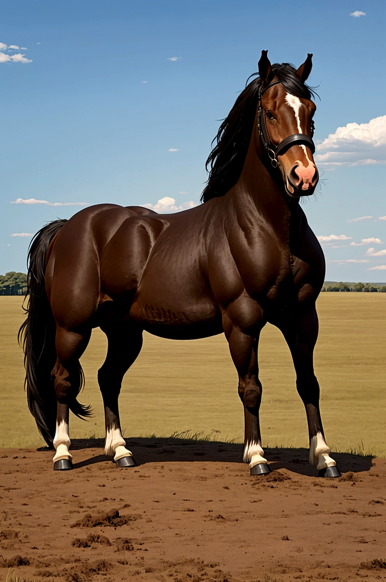 full side view of a big fat Clydesdale horse  mare with a massive bum and a very short tail. horse facing horizon .  very full figured very dark skinned   African woman riding horse. flat grass meadow. looking to horizon . a  single huge  pile of steaming horse dung on the ground behind horse.   cloudless blue sky. 
