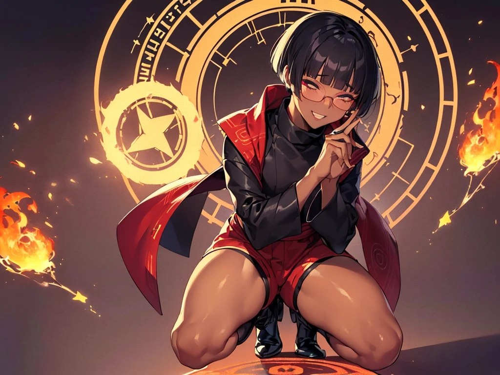 (flat chest:), (masterpiece:1.2), highest quality, High resolution, unity 8k wallpaper, (fine and beautiful eyes:1.6), highly detailed face, perfect lighting, Detailed CG, (perfect hands, perfect anatomy), (1 boy solo:1.4), 20 years old, black hair, extremely beautiful detailfeminine face and eyes, (evil smile:1.4), detailed eyes, best quality,( dark skin:1.8), (turtleneck shirt under yukata:1.2), (bike shorts:1.2), extremely detailed, very precise detailed, (glasses:1.3), blunt bangs, open mouth, (very short pixie cut:1.2), boots,fingerless gloves, smile, (half closed eyes:1.5),(burning ground:1.3), ,(magic circle on head:1.3) ,night sky,long sidelocks,(long red Scarf),(yukata),(squatting), ears,(acrobat pose:1.3),(squat:1.3),leaning forward,(one knee dwon:1.5),(Put one foot in front:1.3),(stylish pose:1.4),(Raise only index finger:1.1),(Joining hands:1.5),(retro artstyle:1.2), (1990s \(style\)),