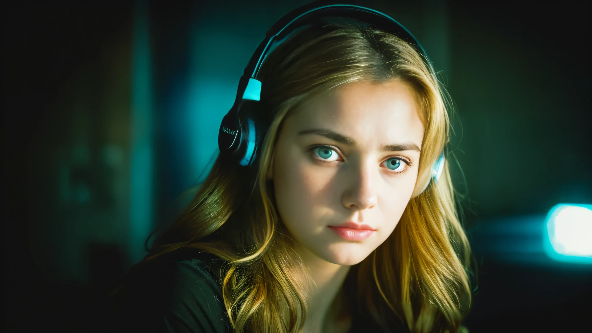 Beautiful blonde with big breasts in a black T-shirt (Sitting in tears in the dark ruins),Wearing headphones,Very detailed, 21 years old, Innocent face, Naturally Wavy Hair, blue eyes, High resolution, masterpiece, Highest quality, Intricate details, Very detailed, Clear focus, Delicate skin, practical skin texture, texture, Delicate eyes, Professional, 4K, Sad crying face, Shot with Canon, 85mm, Shallow and deep, Kodak Vision Color, Exactly, Very detailed, photograph_\(Extremist\), photographpractical, practical, Post-processing, Maximum details, Roughness, Real Life, Extremist practical, Photorealism, photographgraphy, 8K Ultra HD, photographgraphy