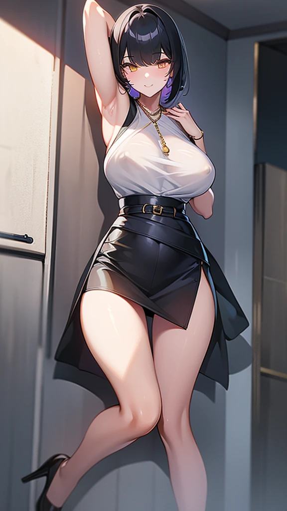 masterpiece, Highest quality:1.2),8K, 4K High Resolution, Very detailed, High-quality texture,High detail, High Quality Shadows, Beautiful and delicate down to the last detail, Beautiful and delicate eyes、One Woman, alone,Shiny skin、Very large breasts、very thick legs、Are standing、Composition from the front、smile、look forward to、Black Hair、Stand up straight,Looking into the camera、Draw a face、Golden Eyes、short hair、Written boundary depth、Shiny black tight skirt、Sleeveless white business shirt、Wrap a belt around your waist、Please show me your armpits、Armpit-exposing positions、Gold Necklace、black tights、See-through clothing、Wear outerwear、
