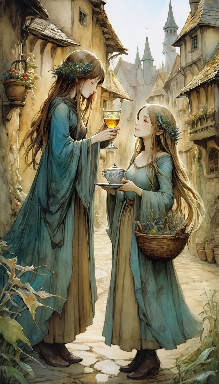 a woman and a girl pass a luxurious cup of liquor from one to another happy, joy, medieval village in landscape view (art inspired by Brian Froud and Carne Griffiths and Wadim Kashin, intricate details, oil painting)