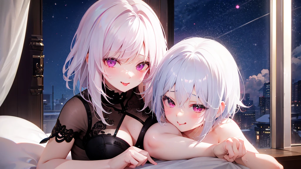 White Hair、Pink Eyes、Short Hair、laughing、Only one girl、alone、Cute、Face is close、Night、laughing、At the bed、Blushing、Erotic、Stick your tongue out、Only one person、Sweating、Excited
