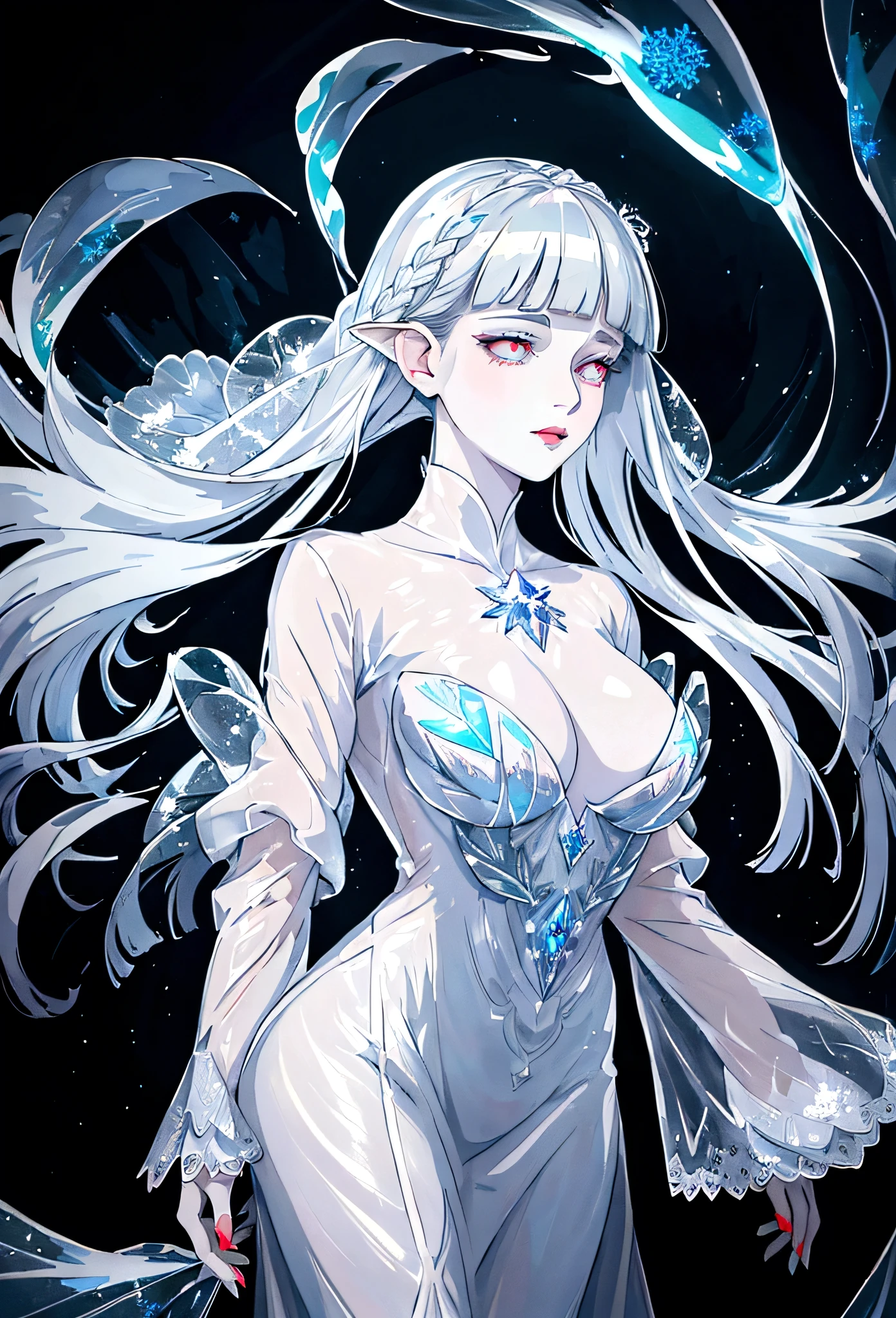 ((masterpiece)) a mature woman with full pale lips and glowing ice eyes with snowflakes in them, iridescent blunt bangs and long floating hair, bioluminescent transparent clothing, ethereal atmosphere, delicate face, wide variety of pastel shades, realistic, surrounded by bubbles and holographic stars, petals, glittering
