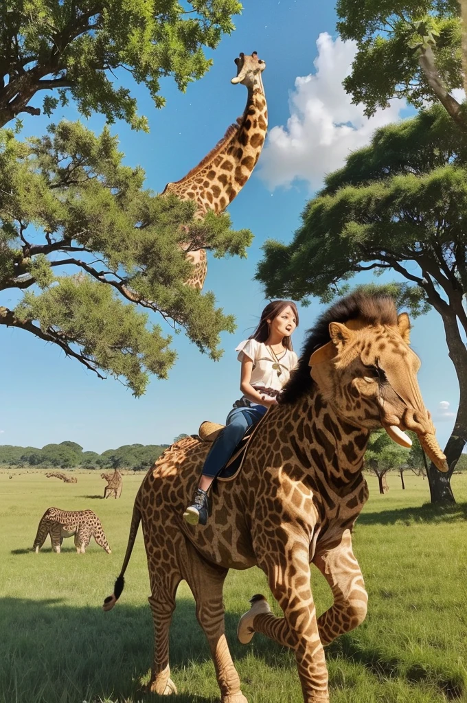 A starry sky,Meteors,8K,Beautiful sky,Girl looking up at the sky、Super y and super cute Japan girl、(((Animals playing in the wide grassland、animal paradise、giraffe、lion、Cheetah、Antelope、zebra、an eagle is flying in the sky、elephant、I can see some green trees、Girl riding on elephant's back)))