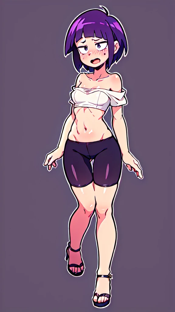 kyoka jiro, 1girl, solo, breasts, blush, short hair, bangs, simple forest background, strapless small croptop, black spandex, open-toe platform high heels, open mouth, purple eyes, collarbone, full body, purple hair, short sleeves, blunt bangs, looking away, long earlobes, tiny waist