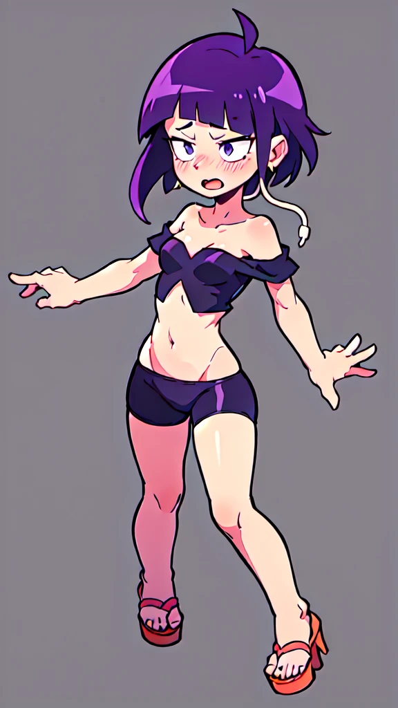 kyoka jiro, 1girl, solo, breasts, blush, short hair, bangs, simple forest background, strapless small croptop, black spandex, open-toe platform high heels, open mouth, purple eyes, collarbone, full body, purple hair, short sleeves, blunt bangs, looking away, long earlobes, tiny waist