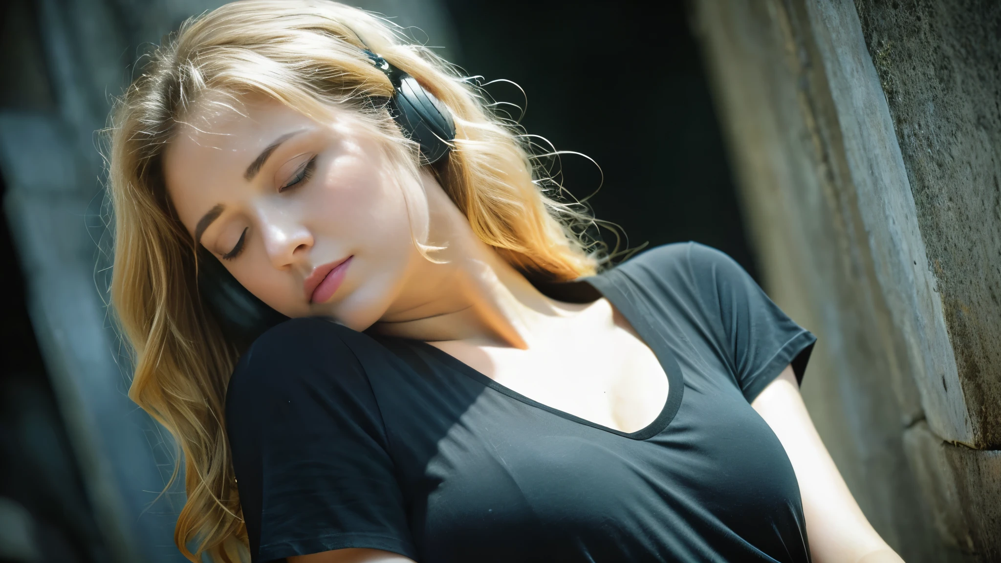 Beautiful blonde with big breasts in a black T-shirt (I sit in the dark ruins with my eyes closed and tears streaming down my face),Wearing headphones,Very detailed, 21 years old, Innocent face, Naturally Wavy Hair, blue eyes, High resolution, masterpiece, Highest quality, Intricate details, Very detailed, Clear focus, Delicate skin, practical skin texture, texture, Delicate eyes, Professional, 4K, Sad crying face, Shot with Canon, 85mm, Shallow and deep,  Kodak Vision Color, Exactly, Very detailed, photograph_\(Extremist\), photographpractical, practical, Post-processing, Maximum details, Roughness, Real Life, Extremist practical, Photorealism, photographgraphy, 8K Ultra HD, photographgraphy