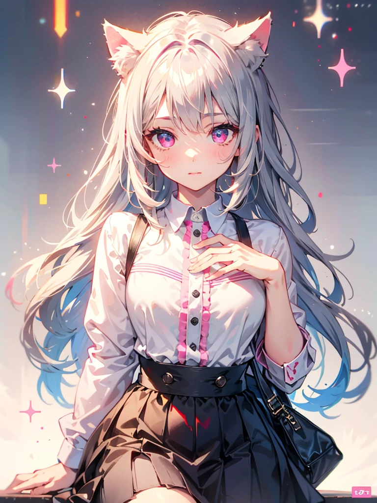 Highly detailed face,fine grain,Sparkling eyes,Highlighted eyes,Medium chest,pretty girl, Longing eyes,Cat ear, Beautiful silver hair,Pink inside,Beautiful pink eyes,Oversized shirt,skirt,Cafe