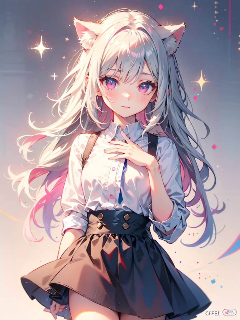 Highly detailed face,fine grain,Sparkling eyes,Highlighted eyes,Medium chest,pretty girl, Longing eyes,Cat ear, Beautiful silver hair,Pink inside,Beautiful pink eyes,Oversized shirt,skirt,Cafe