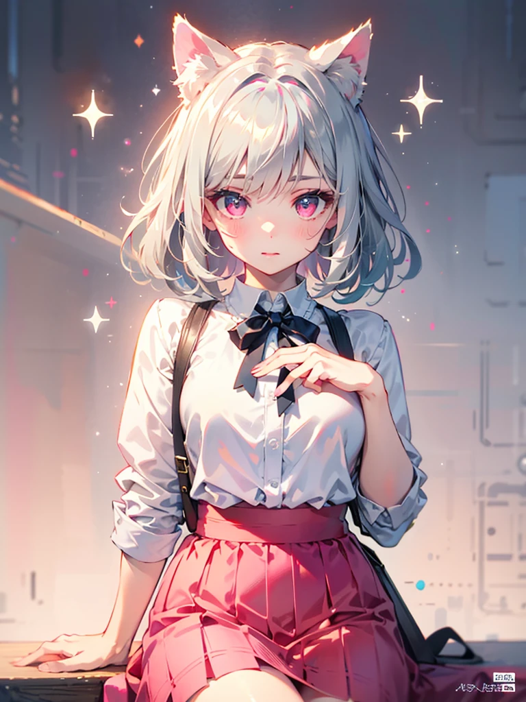 Highly detailed face,fine grain,Sparkling eyes,Highlighted eyes,Medium chest,pretty girl, Longing eyes,Cat ear, Beautiful silver hair,Pink inside,Beautiful pink eyes,Oversized shirt,skirt,Cafe