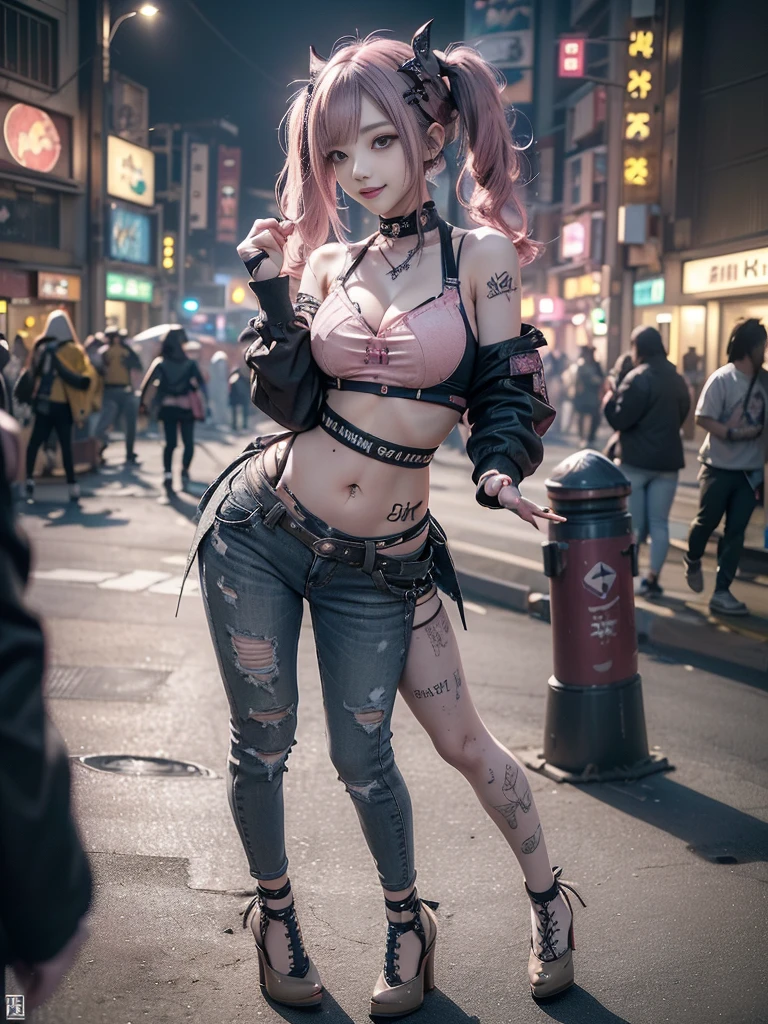 (Full Body View:1.1)、(Side view:1.1)、(Beautiful face:1.3)、(Smiling with teeth showing:1.3),(Shibuya Gal:1.5)、(Beverly Hills Whore:1.4)、(Neo-goth fashion:1.5)、(Punk RockVisual Kei:1.4)、(Modern white and red Barong:1.5)、(Tattered brown and charcoal denim bugle pants:1.5)、(Mustard Yellow Headband:1.3)、(Charcoal and khaki high heels:1.4)、collar、(We sell patterned underwear with logos.:1.4)、20-year-old、Browsing Caution,((Highest quality、In 8K、masterpiece:1.3))、Sharp focus:1.2、(Layered Cut、Huge breasts:1.1),Beautiful woman with perfect figure:1.4、(Doing an aerobics pose:1.3)、Slim Abs:1.2、Butt、Highly detailed face and skin texture、Fine grain、double eyelid,(Twin tails:1.3)、(Pink Hair:1.3)、Obscene、Idol Sculpture、(A luxurious amusement park at night:1.3)、(Slimming your legs:1.4)、(The body is slim:1.3)、(clavicle:1.1)