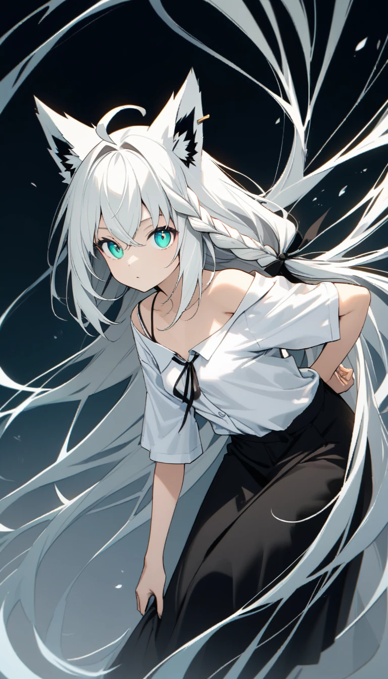 {{{masterpiece}}}, {{{best quality}}}, {{ultra-detailed}}, {illustration}, {{an extremely delicate and beautiful}}, shirakami fubuki,fox girl,white hair,braid,ahoge,animal ear,aqua eyes,black ribbon,white shirt,off shoulder, whole body, 17 years old, very long hair, ahoge, small_, absurdres, highres, very precise detailed, {{{beautiful detailed eyes}}},