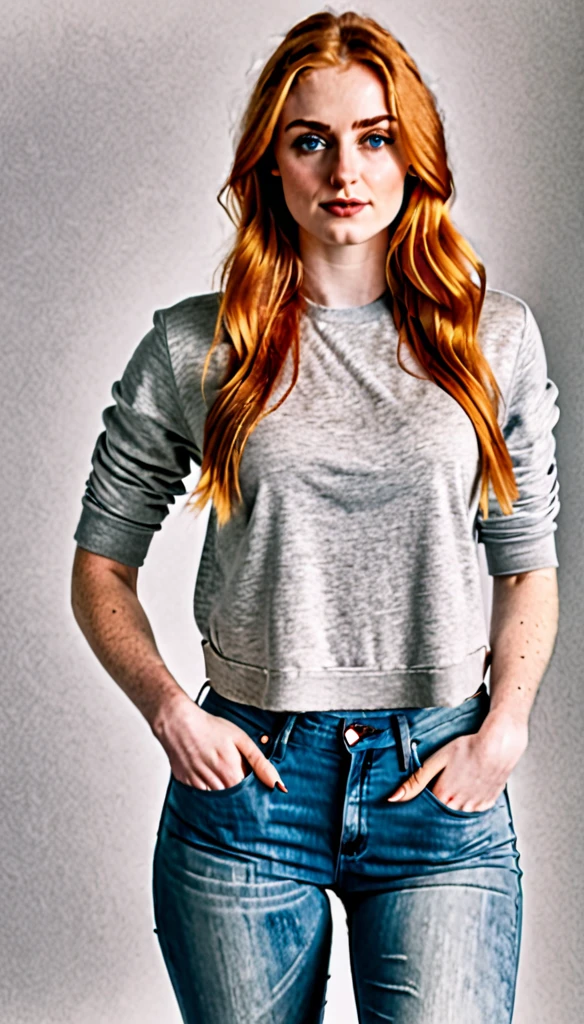 Sophie Turner in casual clothes, full upper body, high quality, photorealistic, hyperrealistic, 1 woman solo, stunning cinematic photo