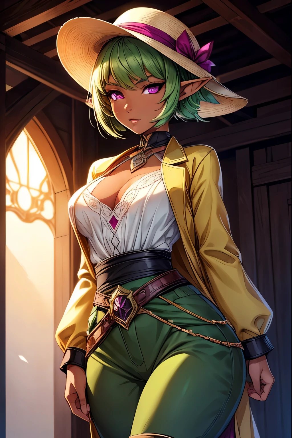 ((Ultra quality)), ((masterpiece)), young elf girl, Wakfu-Stil, ((short green hair tied back, Hat Pony)), (pretty face), (beautiful feminine lips), (Elf long ears), charmant, (()), looks into the camera, Eyes slightly open, (Skin color black), (black skin), Glare on the body, ((detailed beautiful female eyes)), ((bright magenta eyes)), (juicy female lips), (dark eyeliner), (beautiful female hands), ((ideal female figure)), ideal female body, Beautiful waist, Beautiful thighs, beautiful small breasts, ((Discreet and beautiful)), (yellow coat, Green pants, black winter boots), ((depth of field)), ((High quality, clear image)), (clear information), ((high detailed)), realisti, professional photo session, ((Clear focus)), Anime-Series, Further away, Hands in the middle,