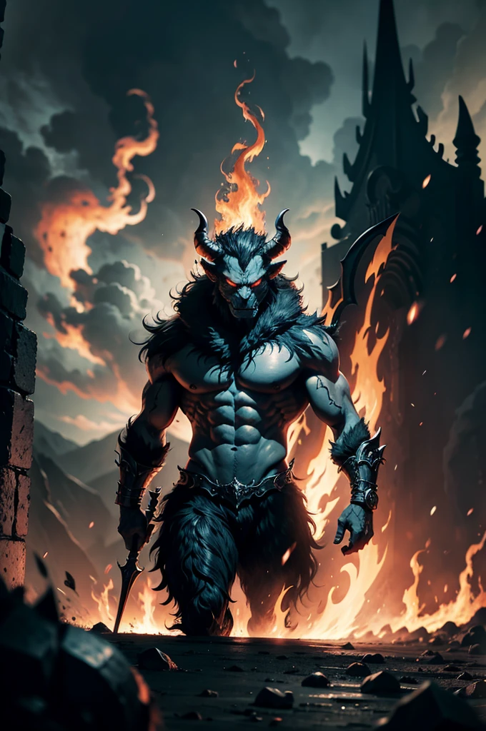 A captivating illustration of a devilish creature with horns, a furry body, and hooves. He stands tall in the fiery depths of Hell, within the temple of Satan. The background showcases an inferno of flames, with lava flows and twisted, tormented souls. The devil wields a pitchfork menacingly, casting an ominous shadow over the scene. The overall atmosphere is dark and foreboding, evoking a sense of fear and awe, photo