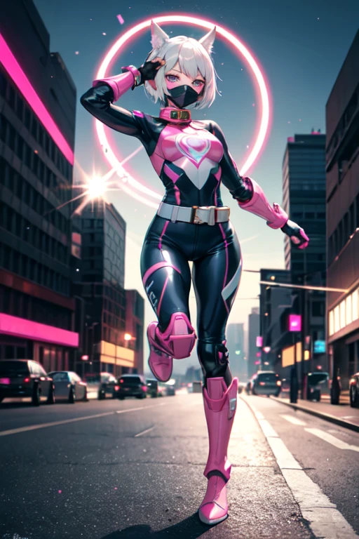 ((best quality)), ((masterpiece)), (detailed), 1 girl, full body, 20s, masked, black mask covering her entire head, smooth head, biker helmet, blue ears on her helmet, short hair sticking out of her helmet, 1 small crest on her head, oxygen mask, gas mask, bare face, black collar, tall and thin, very athletic, circles on her wrists, pink details, black fingerless gloves, pink wristbands, nanotech speedster suit that resembles light armor, blue chest piece with an emblem, pink speed emblem on her chest, pink emblem, blue pants, gray knee pads, metallic pink boots, white superhero belt, running through the city, pink light trail, laser, city background, anime