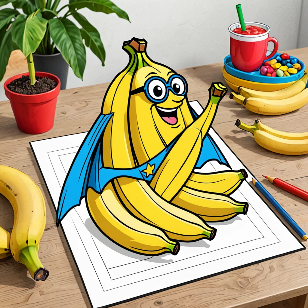 Bananas on the table. In the guise of a super hero from a cartoon for children. Illustration coloring. Of black lines.