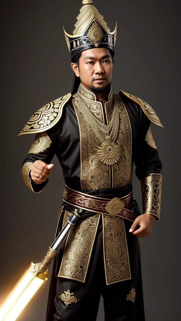 "Create an image of Tuanku Imam Bonjol, an Indonesian national hero from Minangkabau, wearing a futuristic, high-tech version of traditional Minangkabau warrior attire. His outfit should blend sleek metallic textures and glowing elements with traditional Minangkabau patterns and designs. He should be holding a futuristic weapon, symbolizing his strength and leadership in battle."