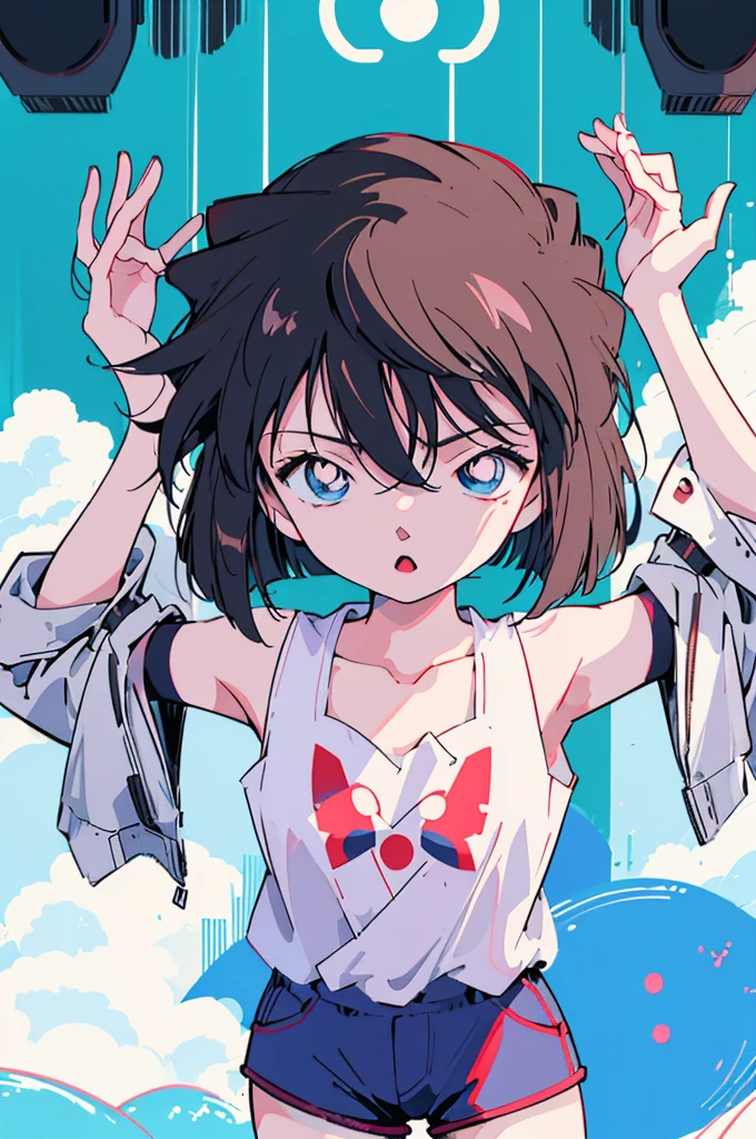 anime style, (1girl in, Solo:1.0), (Haibara Ai), ((Short pants)), (((Big eyes))), (Cute anime girl head), (flat chest),looking at viewer,With a height of 100cm, shoot from front, (head shot), Simple line minimalism, Abstract Art, City background, anime opening movie