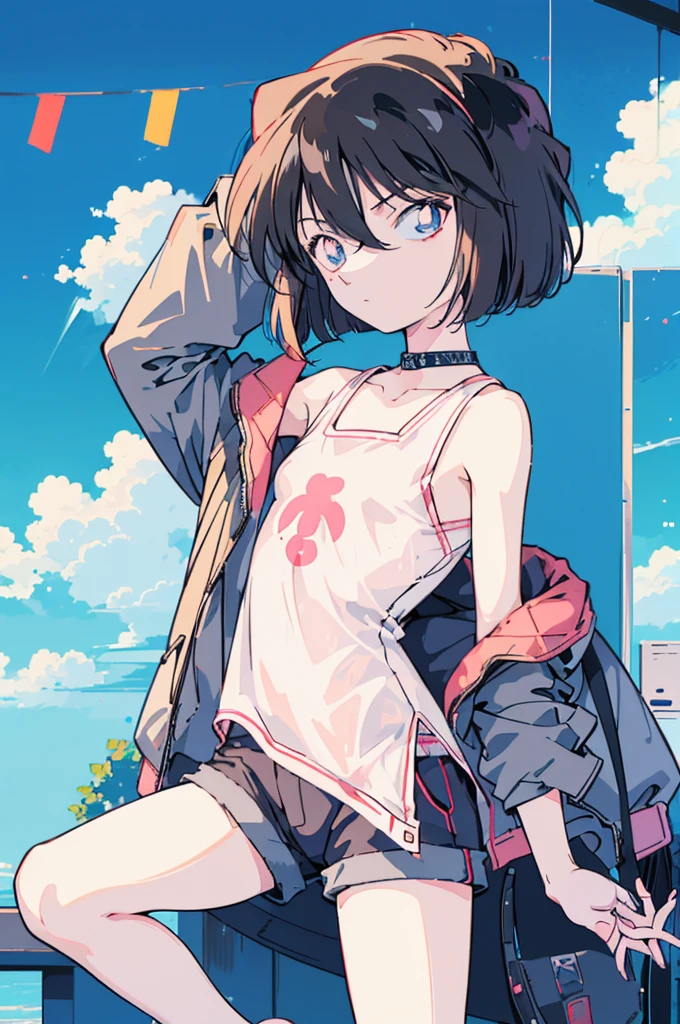 anime style, (1girl in, Solo:1.0), (Haibara Ai), ((Short pants)), (((Big eyes))), (Cute anime girl head), (flat chest),looking at viewer,With a height of 100cm, shoot from front, (head shot), Simple line minimalism, Abstract Art, City background, anime opening movie