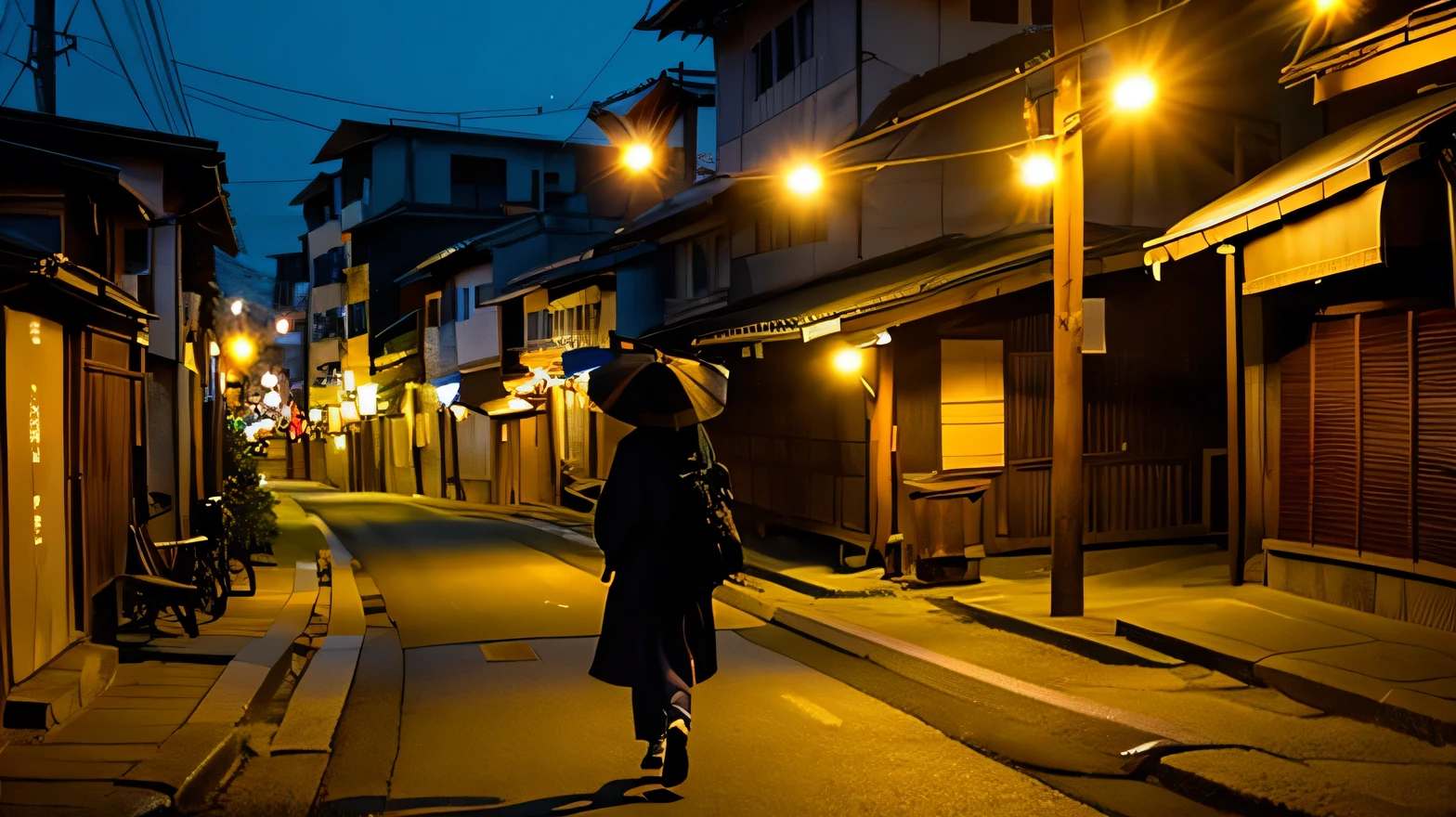 Japanese night scene, townscape, maiko girl in the distance, searchlight, brothel lights, oriental,