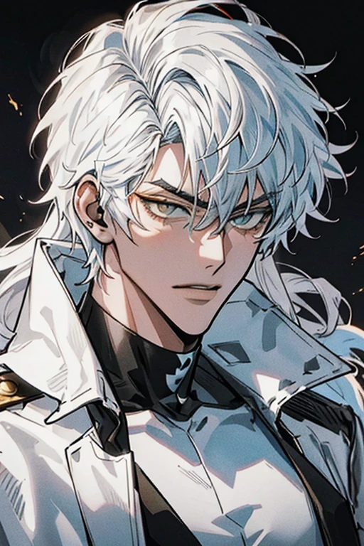 Manhwa Arte Europeo, 25-year-old male, Messy headboard hair, jet white hair, piercing eyes, bushy eyebrows, yellow  eyes, blood dripping from your mouth, threatening, sexly, sensuous,  Sharp chin, penetrating gaze, Cold and mysterious character, 8K, detailed features, Very beauthful
