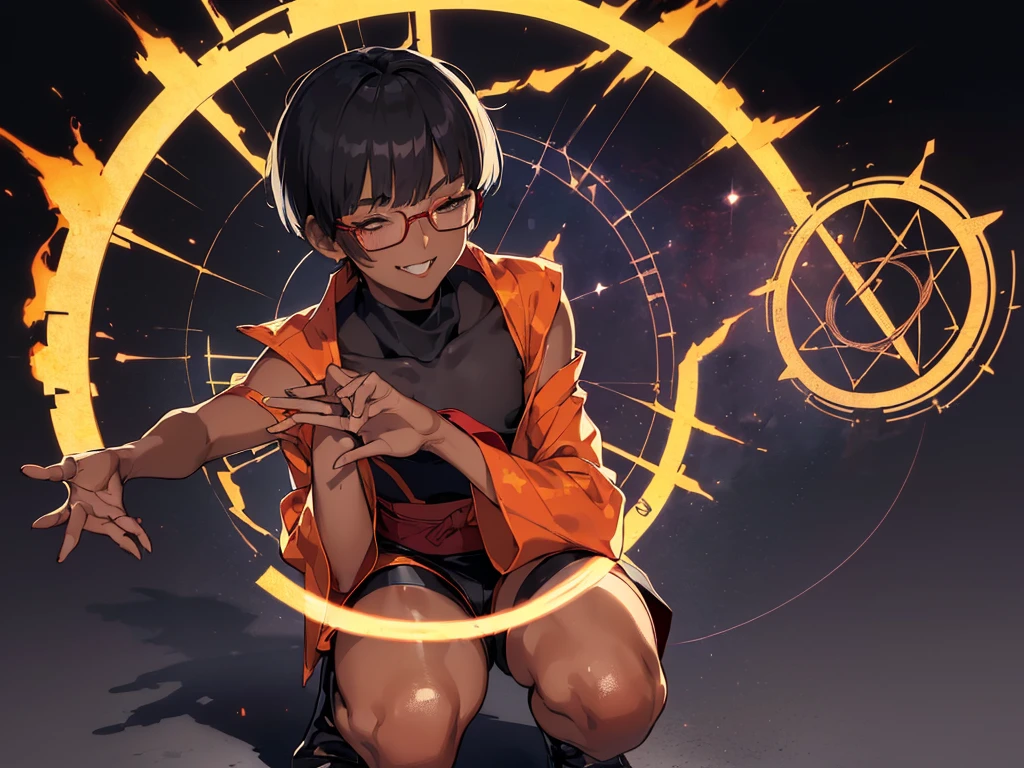 (flat chest:), (masterpiece:1.2), highest quality, High resolution, unity 8k wallpaper, (fine and beautiful eyes:1.6), highly detailed face, perfect lighting, Detailed CG, (perfect hands, perfect ), (1 boy solo:1.4), 20 years old, black hair, extremely beautiful detailfeminine face and eyes, (evil smile:1.4), detailed eyes, best quality,( dark skin:1.8), (turtleneck shirt under yukata:1.2), (bike shorts:1.2), extremely detailed, very precise detailed, (glasses:1.3), blunt bangs, open mouth, (very short pixie cut:1.2), boots,fingerless gloves, smile, (half closed eyes:1.5),(burning fire background:1.3), ,(squat in magic circle on ground:1.1) ,night sky,long sidelocks,(long red Scarf),(yukata),(squatting),(acrobat pose:1.3),(squat:1.3),leaning forward,(one knee dwon:1.5),(Put one foot in front:1.3),(stylish pose:1.4),(Raise only index finger:1.1),(Joining hands:1.5),(retro artstyle:1.2), (1990s \(style\)),(in magic circle on ground only:1.3),(from above:1.2)