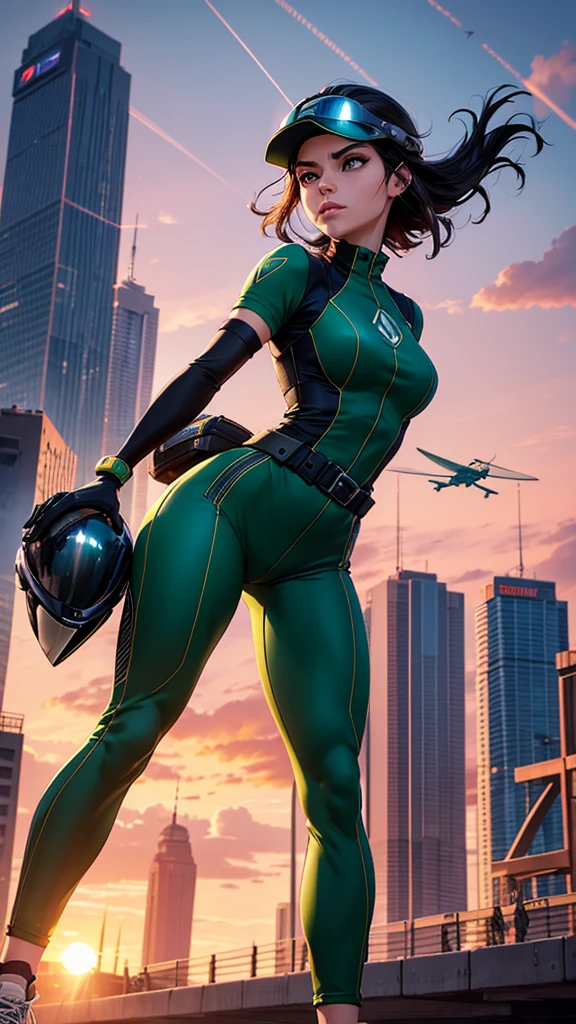 A City with a beautiful sunset with a Wonderful Beautiful Adult Woman with black hair and green eyes and wearing Sneakers, Aerodynamic Jumpsuit, Helmet with visor Gloves with protective pads, jewelry and elbow pads, Short Cover and Logo and Emblem with the Power to fly in just 75% levitating and smoking a cigarette and staring at the camera