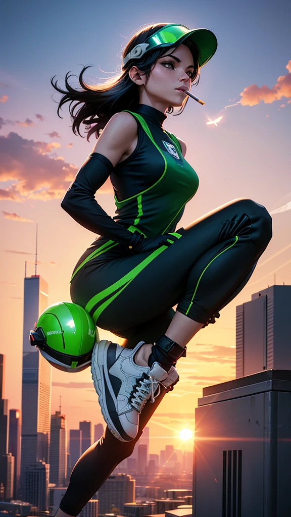 A City with a beautiful sunset with a Wonderful Beautiful Adult Woman with black hair and green eyes and wearing Sneakers, Aerodynamic Jumpsuit, Helmet with visor Gloves with protective pads, jewelry and elbow pads, Short Cover and Logo and Emblem with the Power to fly in just 75% levitating and smoking a cigarette and staring at the camera