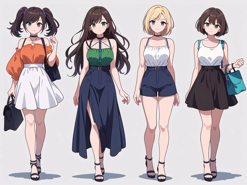 (((Best Quality))) , ((full body)), 4 lady, adult woman, multiple views, white background, variety of hairstyles, variety of fashion styles, seductive pose, fashionable and trendy atmosphere, holding bag, summer outfits, walk pose, dark blue/dark orange/dark green/dark violet/brown/white, short shorts,