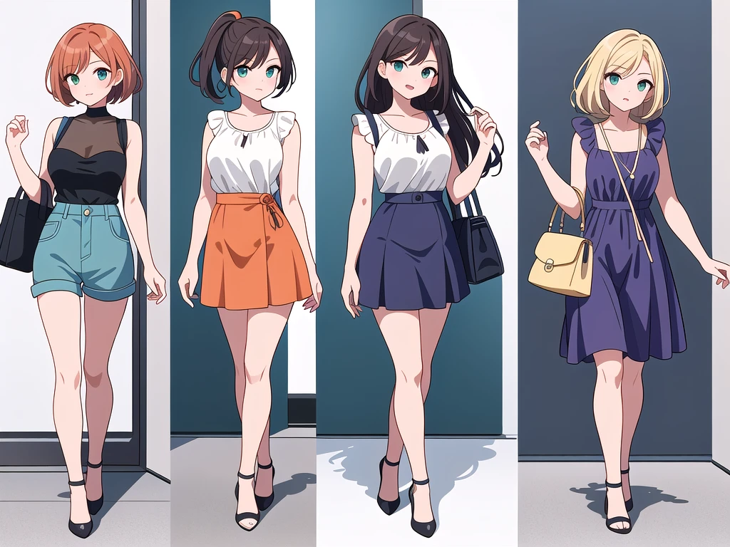 (((Best Quality))) , ((full body)), 4 lady, adult woman, multiple views, white background, variety of hairstyles, variety of fashion styles, seductive pose, fashionable and trendy atmosphere, holding bag, summer outfits, walk pose, dark blue/dark orange/dark green/dark violet/brown/white, short shorts,
