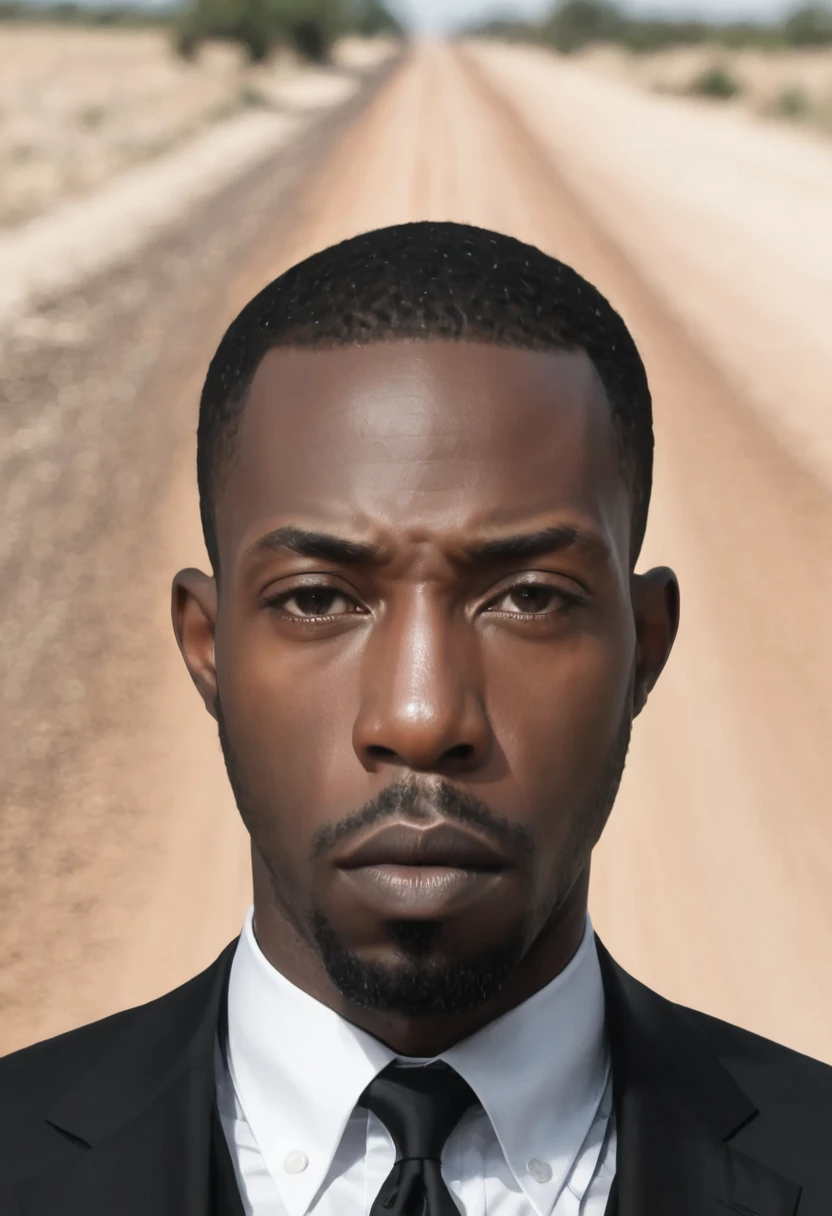 A close-up view of
Shawt a black man i. A black suit standing on a dirt road
