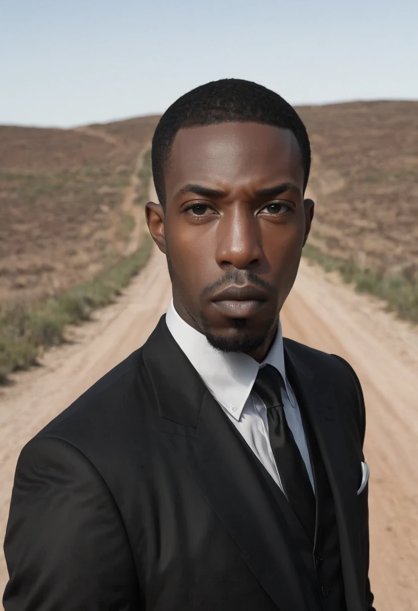 A close-up view of 
Shawt a black man i. A black suit standing on a dirt road

 
