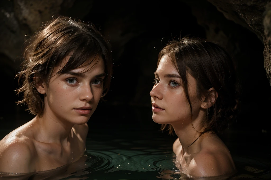 young white male holding young white female, in a cave air pocket above an underground river, shoulders and above out of the water, no sunlight, no surface vegetation, iridescent glowing fungi lighting, realistic, hyper realistic, photo realistic, beautiful faces, nordic faces, detailed eyes, close-up, intimate, romantic mood, out of breath, relieved expressions, looking at each other