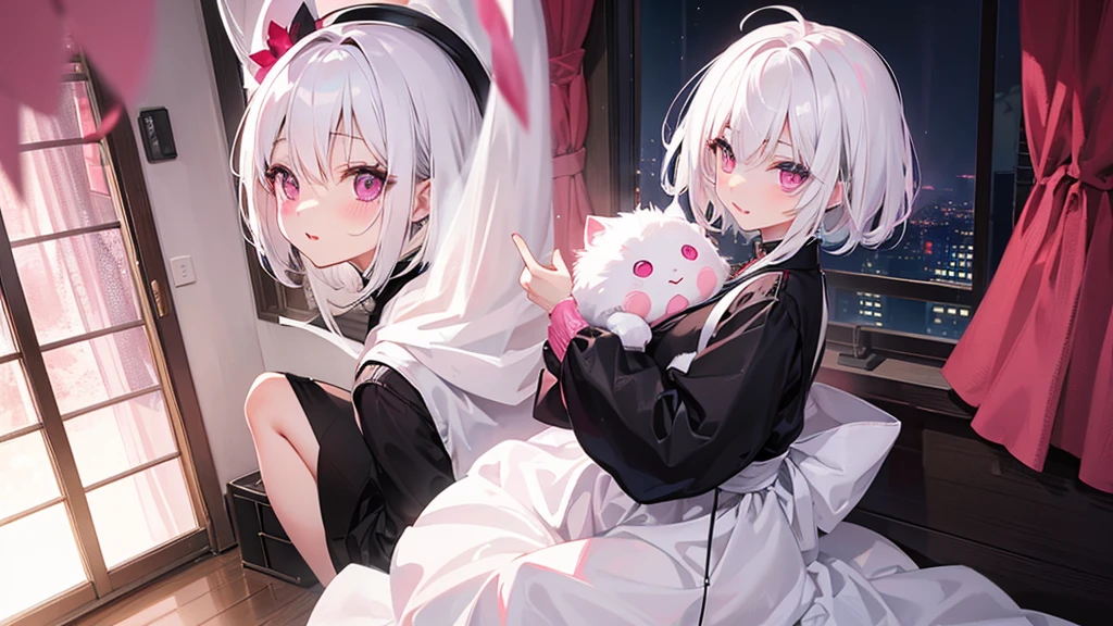 White Hair Girl、Pink Eyes、Short Hair、Only one girl、Night、In the bedroom、Blushing、laughing、Excited、Just One
